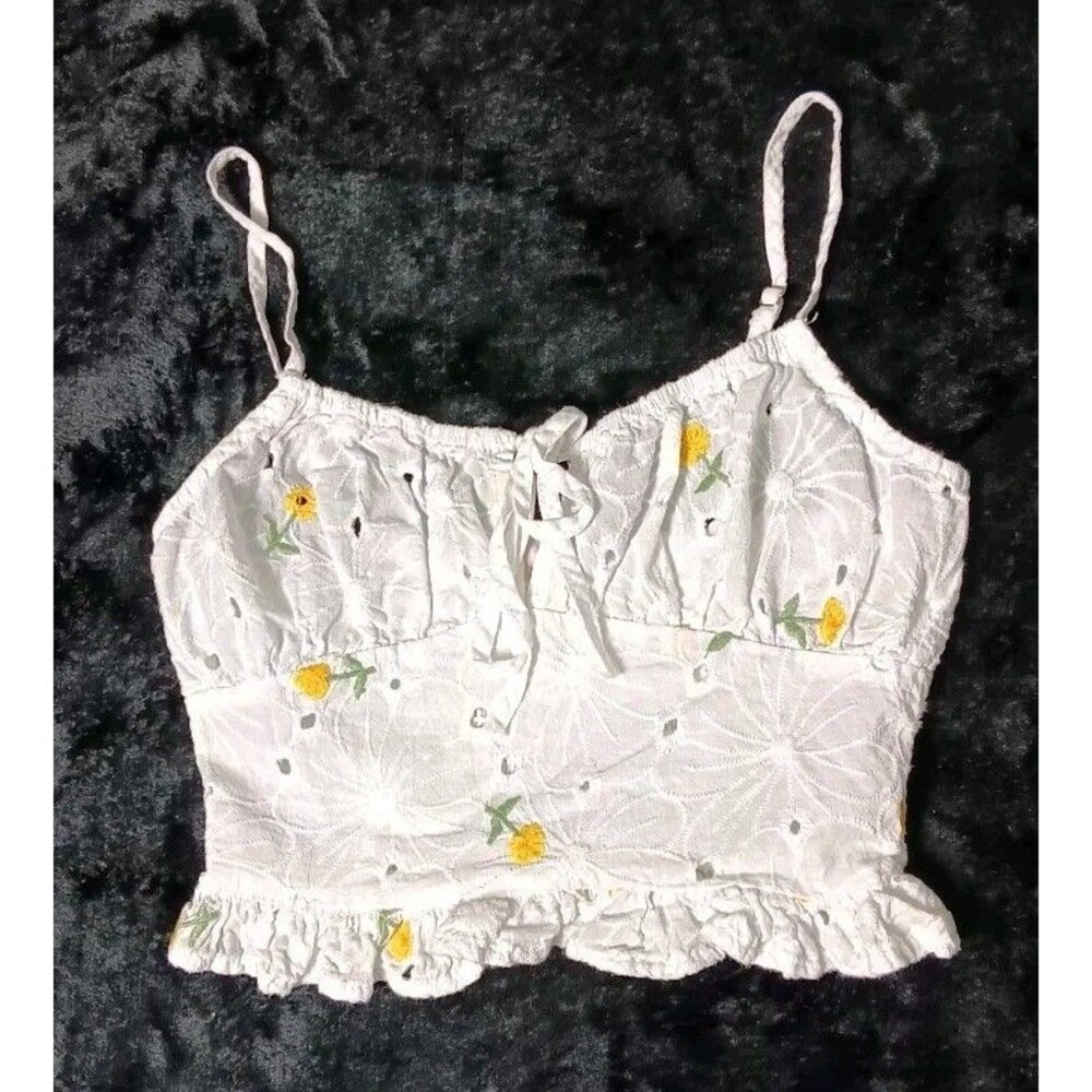 Dizzy Lizzy Babydoll Cropped Eyelet Cami XS Embroidered Daisy Milkmaid Coquette